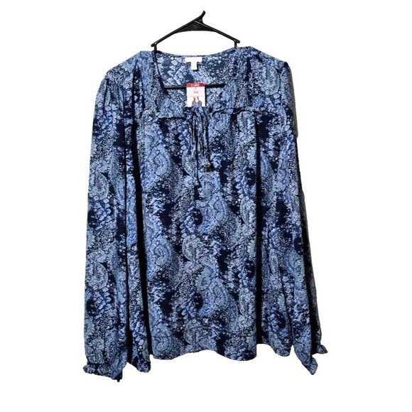 Joie Peasant Blouse Sz XL Paisley Blue Flowy Ruffle Pintucked Boho Artsy Flowy - Picture 1 of 15